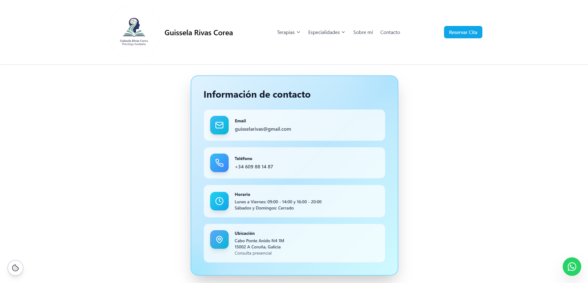 Página de contacto y cita online de la web de Psicóloga Guissela Rivas Corea