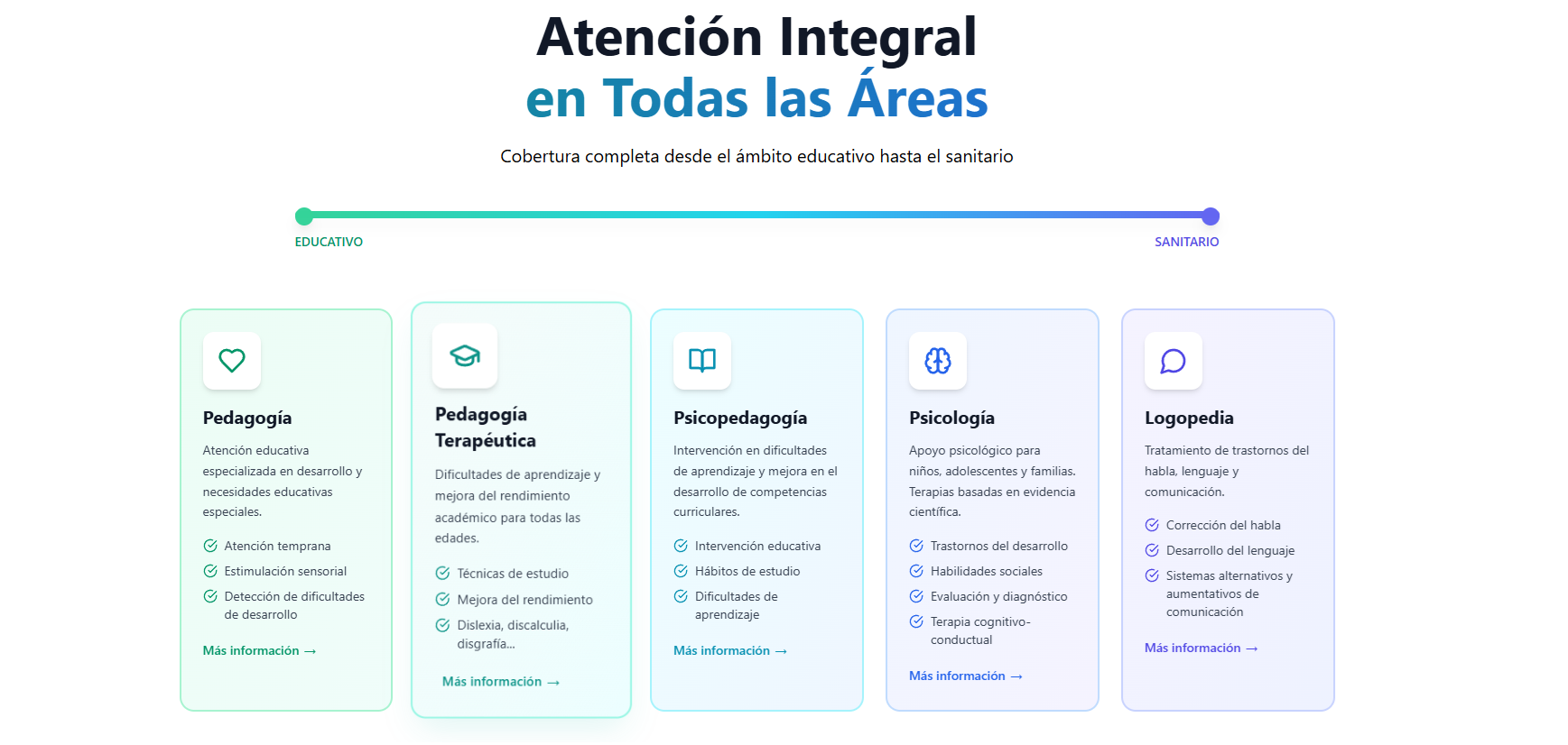 Sección de servicios de la web de Centro La Biznaga - pedagogía terapéutica y psicología